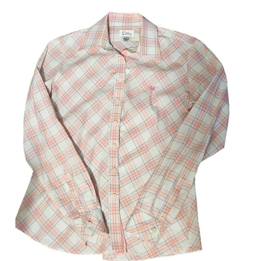 Lilly Pulitzer Womens Top Size 4 Button Down Blouse Shirt Pink White Long Sleeve